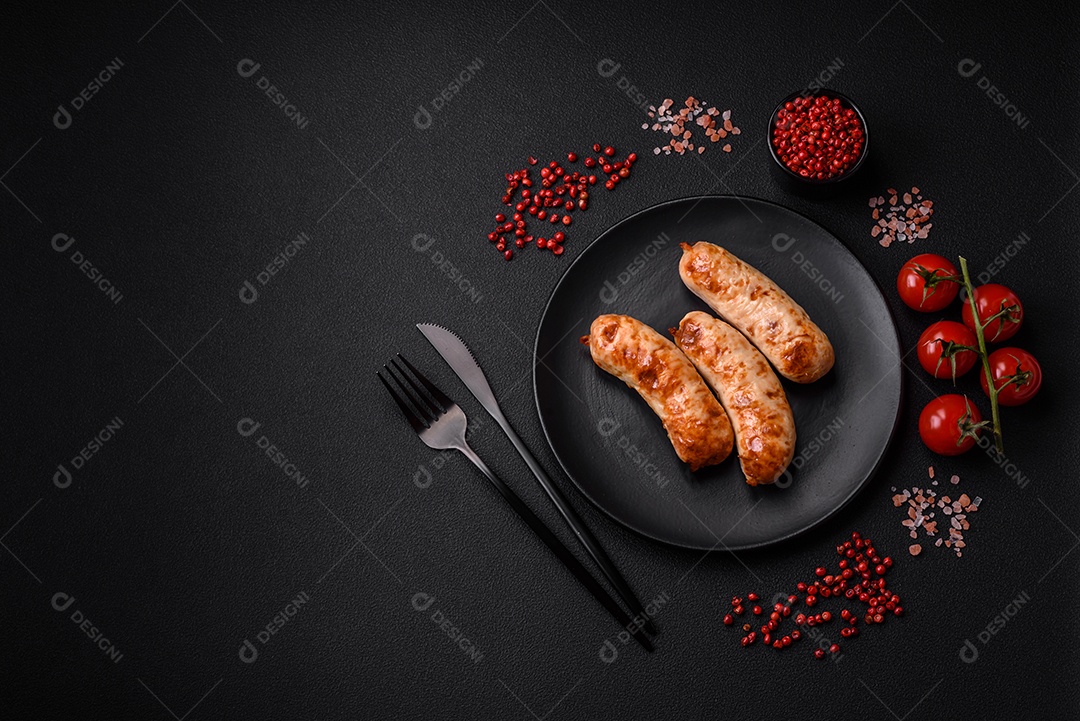 Deliciosas salsichas grelhadas suculentas com sal, especiarias e ervas numa placa cerâmica sobre um fundo escuro de concreto