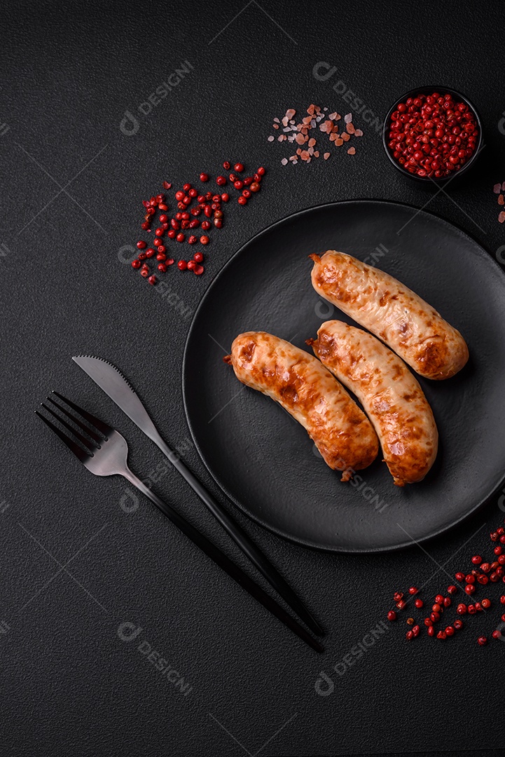 Deliciosas salsichas grelhadas suculentas com sal, especiarias e ervas numa placa cerâmica sobre um fundo escuro de concreto