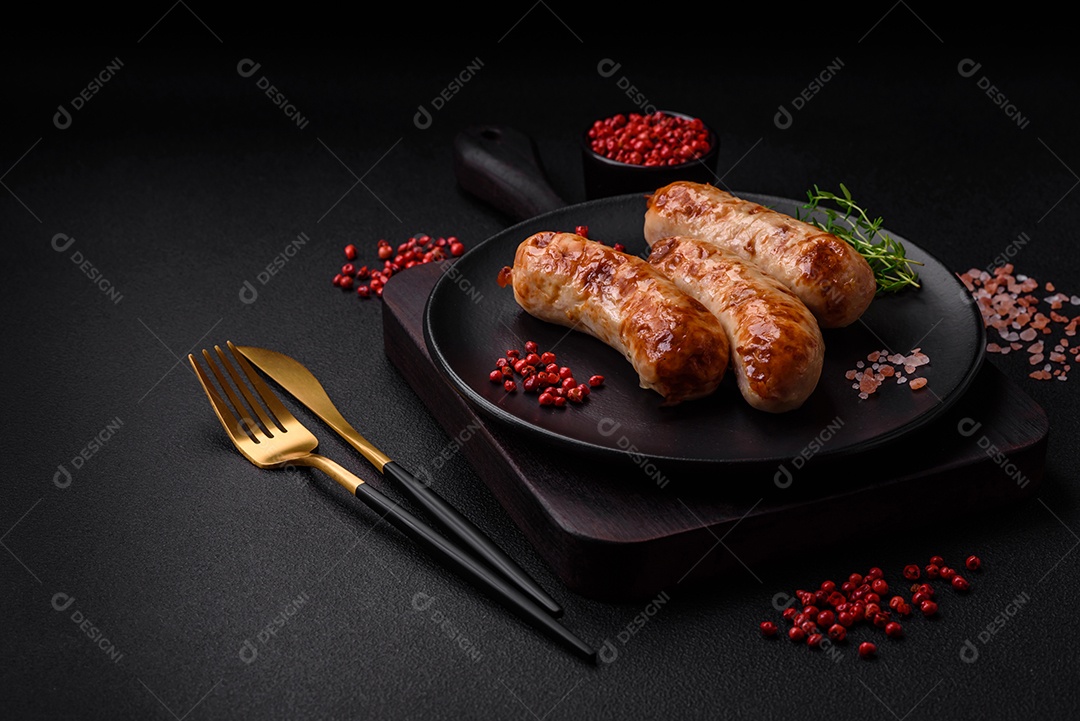 Deliciosas salsichas grelhadas suculentas com sal, especiarias e ervas numa placa cerâmica sobre um fundo escuro de concreto