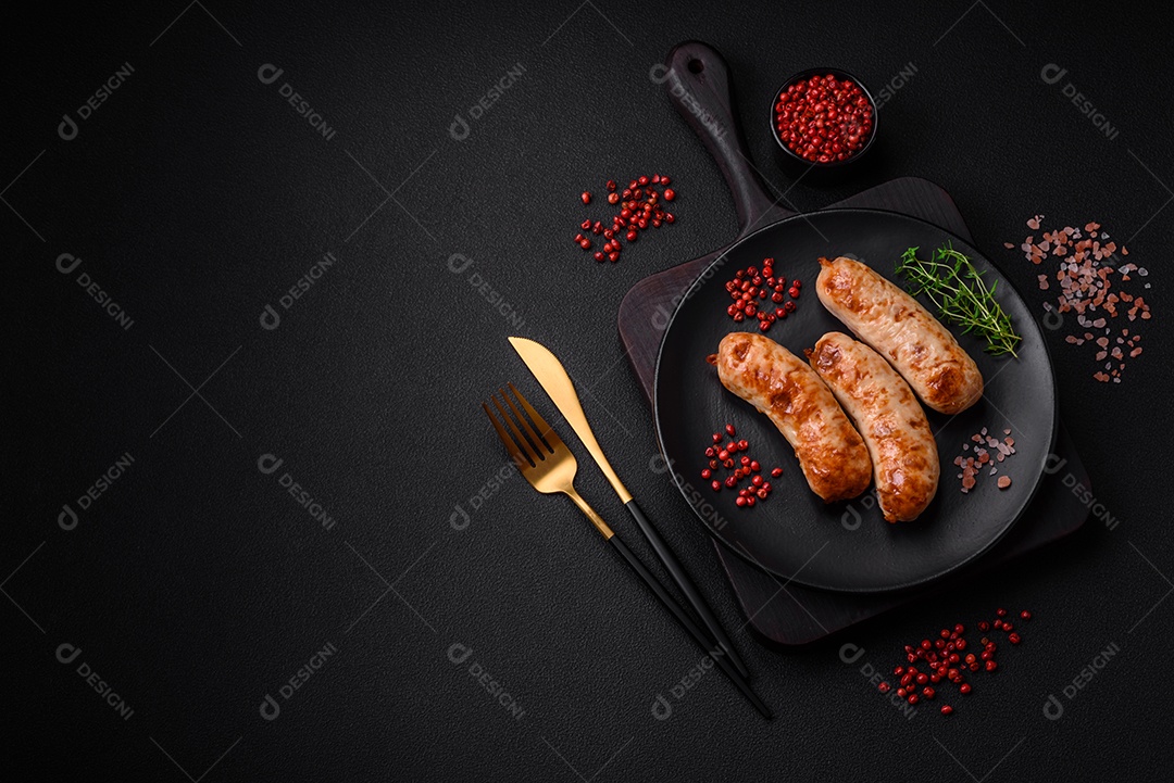 Deliciosas salsichas grelhadas suculentas com sal, especiarias e ervas numa placa cerâmica sobre um fundo escuro de concreto
