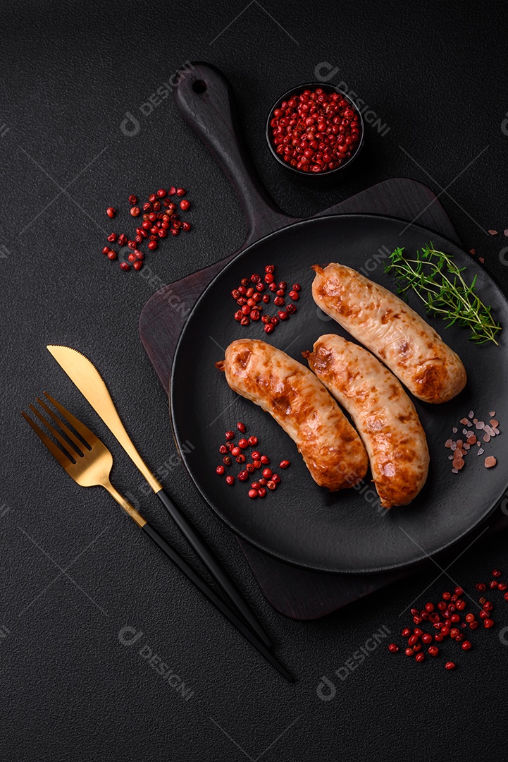 Deliciosas salsichas grelhadas suculentas com sal, especiarias e ervas numa placa cerâmica sobre um fundo escuro de concreto