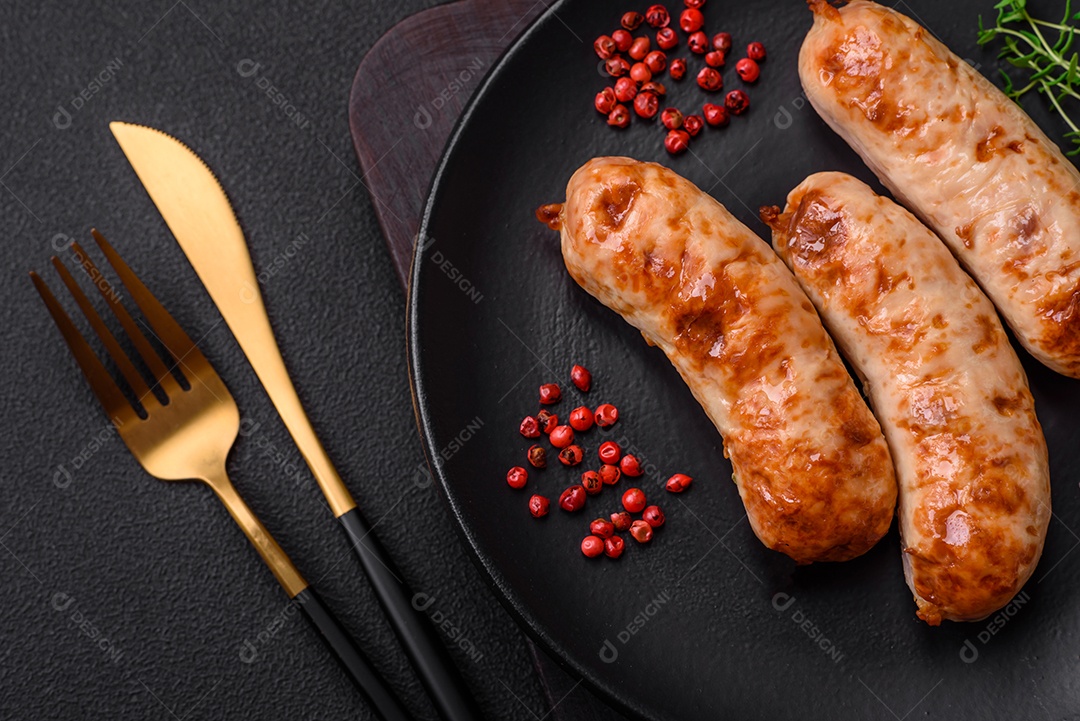 Deliciosas salsichas grelhadas suculentas com sal, especiarias e ervas numa placa cerâmica sobre um fundo escuro de concreto