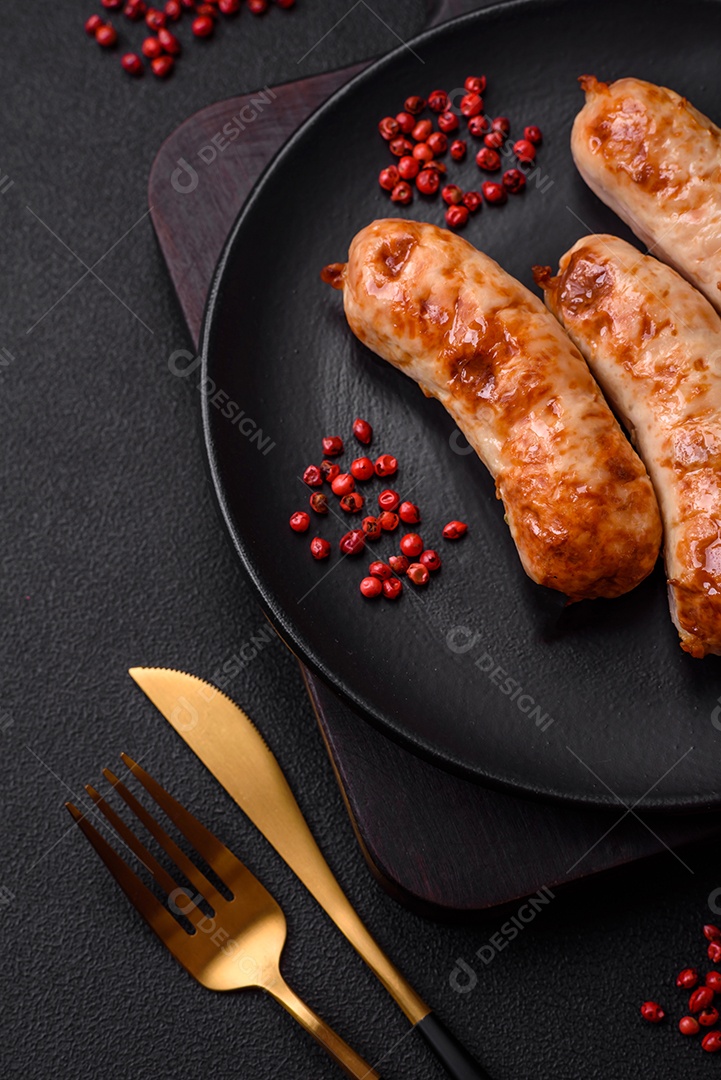 Deliciosas salsichas grelhadas suculentas com sal, especiarias e ervas numa placa cerâmica sobre um fundo escuro de concreto