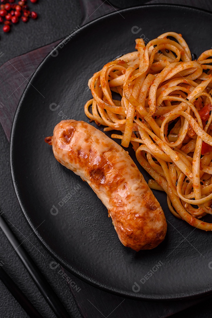 Deliciosas salsichas grelhadas suculentas com sal, especiarias e ervas numa placa cerâmica sobre um fundo escuro de concreto