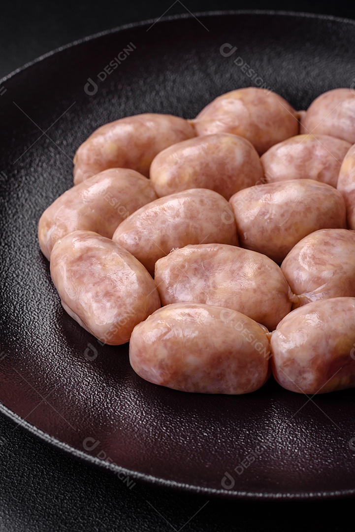 Salsichas cruas frescas de porco ou frango com sal, especiarias e ervas sobre um fundo de concreto texturizado