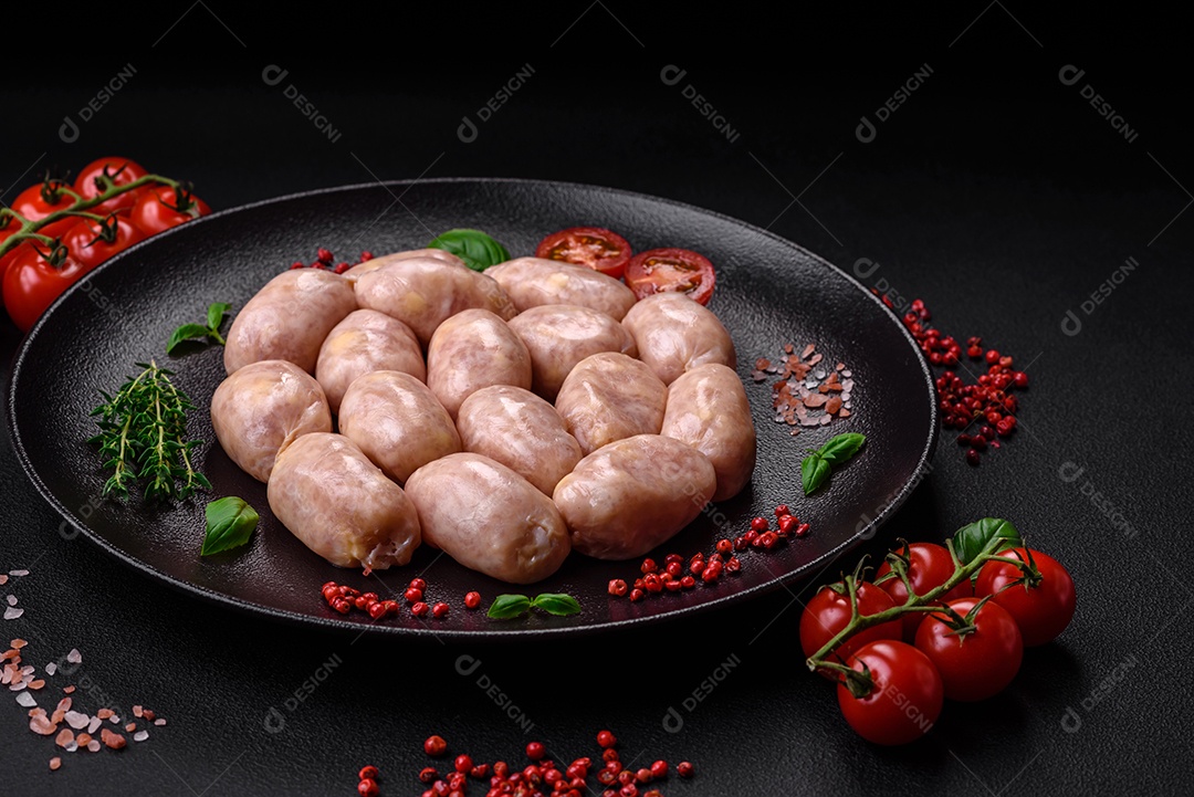 Salsichas cruas frescas de porco ou frango com sal, especiarias e ervas sobre um fundo de concreto texturizado