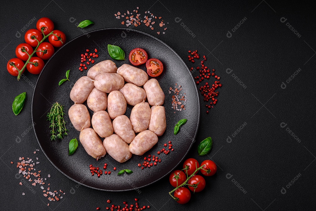 Salsichas cruas frescas de porco ou frango com sal, especiarias e ervas sobre um fundo de concreto texturizado