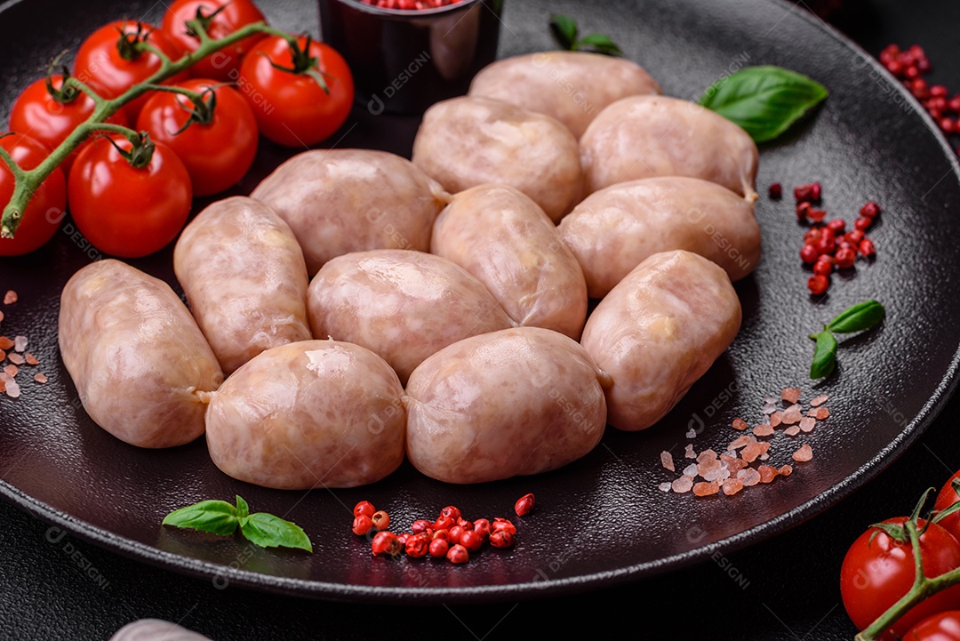 Salsichas cruas frescas de porco ou frango com sal, especiarias e ervas sobre um fundo de concreto texturizado