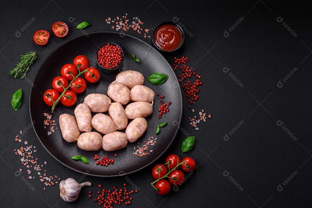 Salsichas cruas frescas de porco ou frango com sal, especiarias e ervas sobre um fundo de concreto texturizado