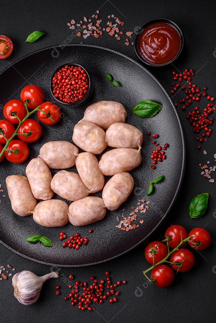 Salsichas cruas frescas de porco ou frango com sal, especiarias e ervas sobre um fundo de concreto texturizado