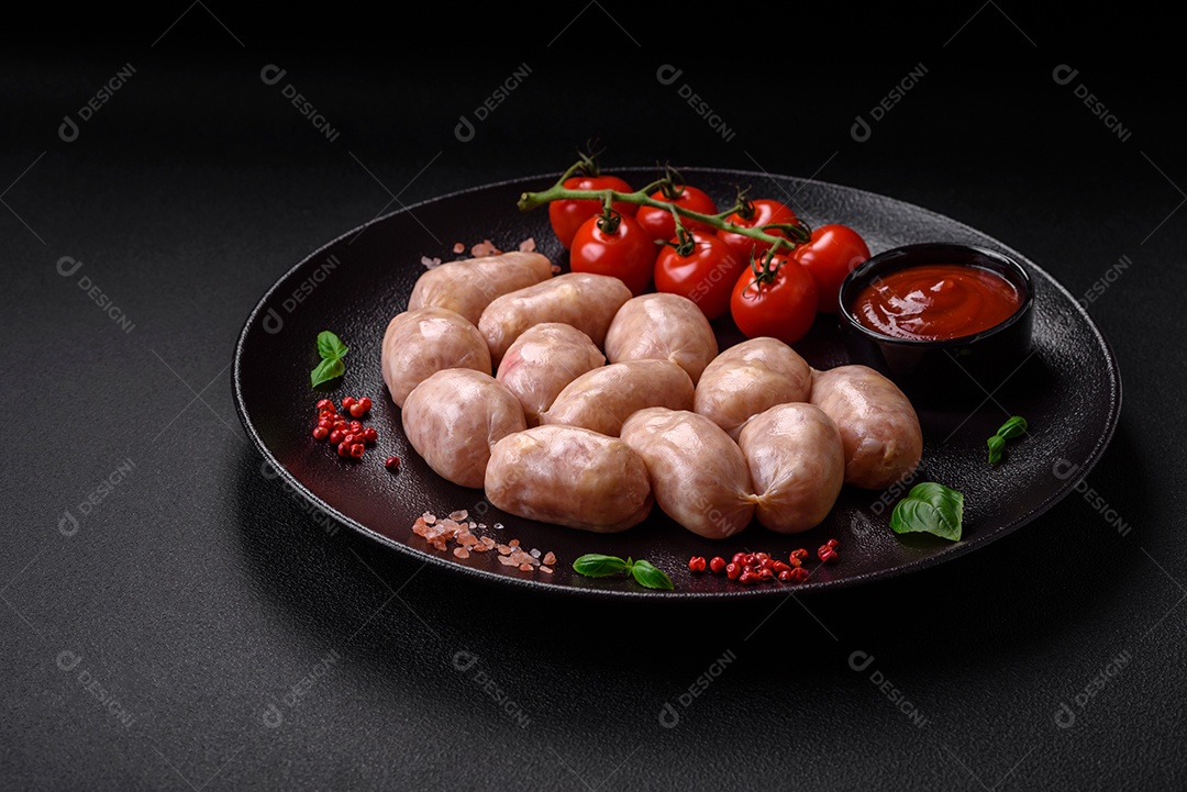 Salsichas cruas frescas de porco ou frango com sal, especiarias e ervas sobre um fundo de concreto texturizado