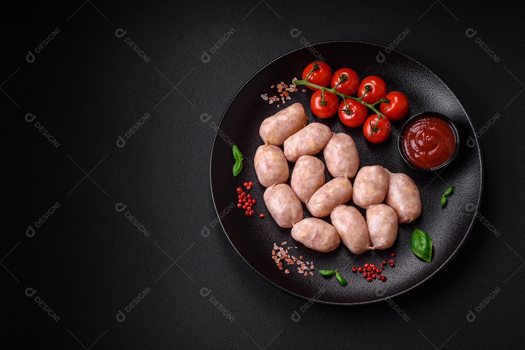 Salsichas cruas frescas de porco ou frango com sal, especiarias e ervas sobre um fundo de concreto texturizado