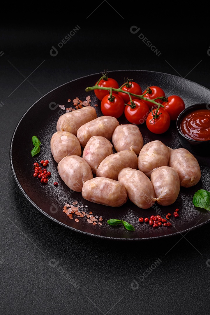 Salsichas cruas frescas de porco ou frango com sal, especiarias e ervas sobre um fundo de concreto texturizado