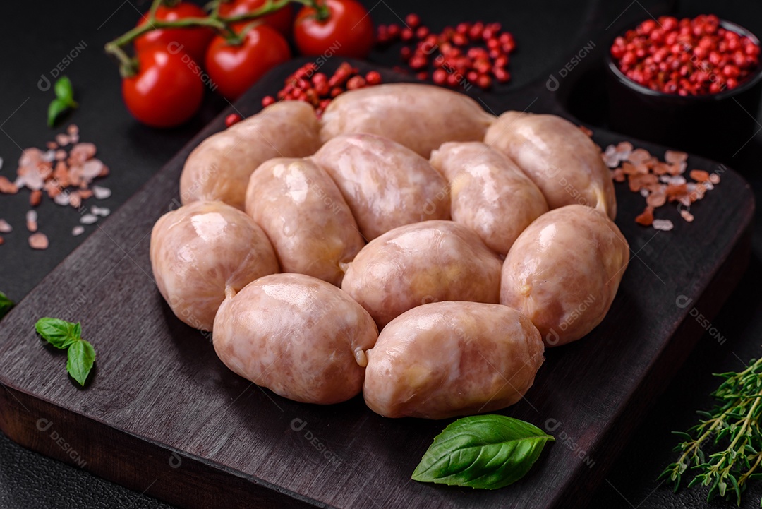 Salsichas cruas frescas de porco ou frango com sal, especiarias e ervas sobre um fundo de concreto texturizado