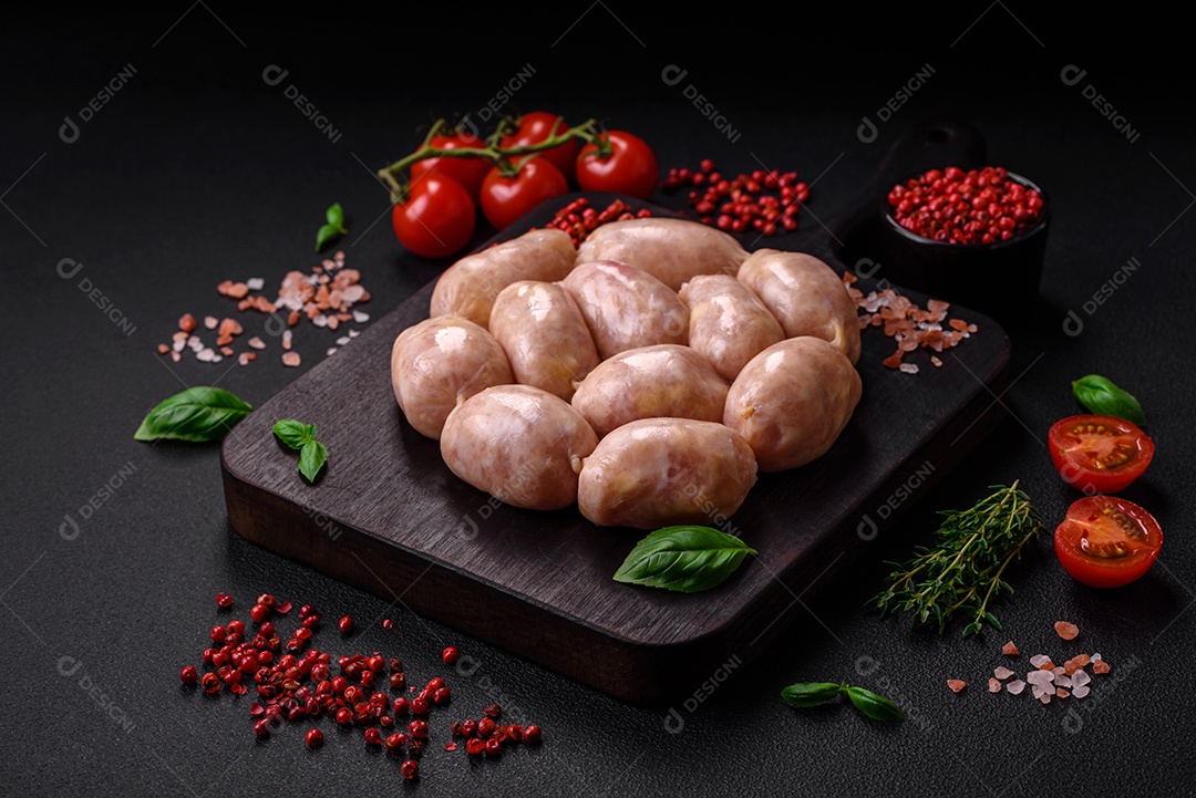 Salsichas cruas frescas de porco ou frango com sal, especiarias e ervas sobre um fundo de concreto texturizado