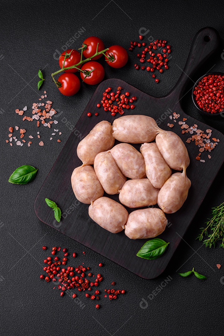 Salsichas cruas frescas de porco ou frango com sal, especiarias e ervas sobre um fundo de concreto texturizado