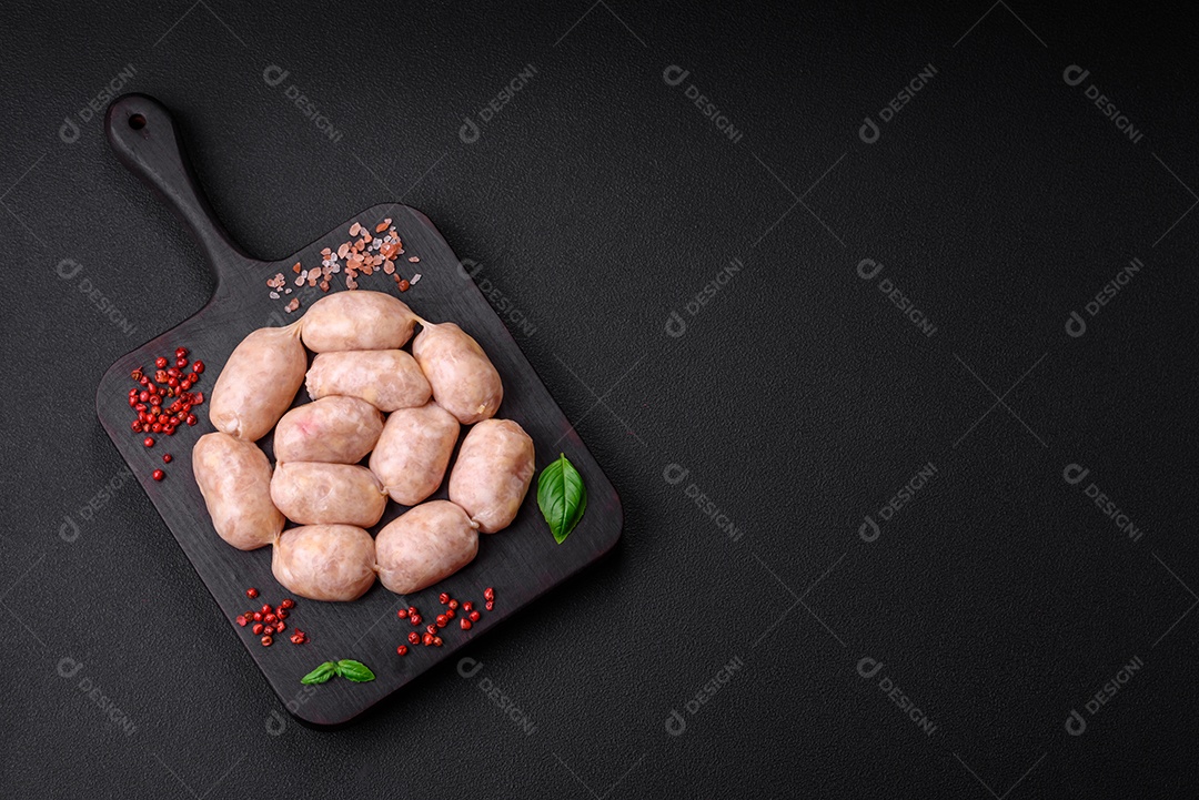 Salsichas cruas frescas de porco ou frango com sal, especiarias e ervas sobre um fundo de concreto texturizado