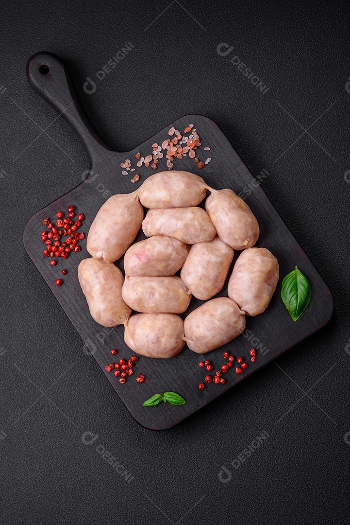 Salsichas cruas frescas de porco ou frango com sal, especiarias e ervas sobre um fundo de concreto texturizado