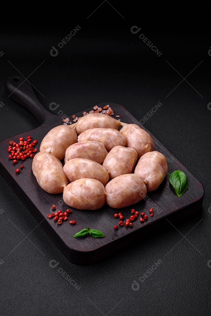 Salsichas cruas frescas de porco ou frango com sal, especiarias e ervas sobre um fundo de concreto texturizado