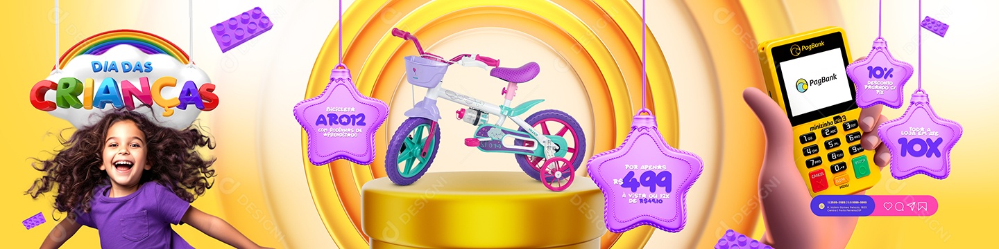 Carrossel Campanha Publicitaria Dia das Crianças Loja de Brinquedos Bicicleta Aro 12 Toda a Loja em Até 10x Social Media PSD Editável