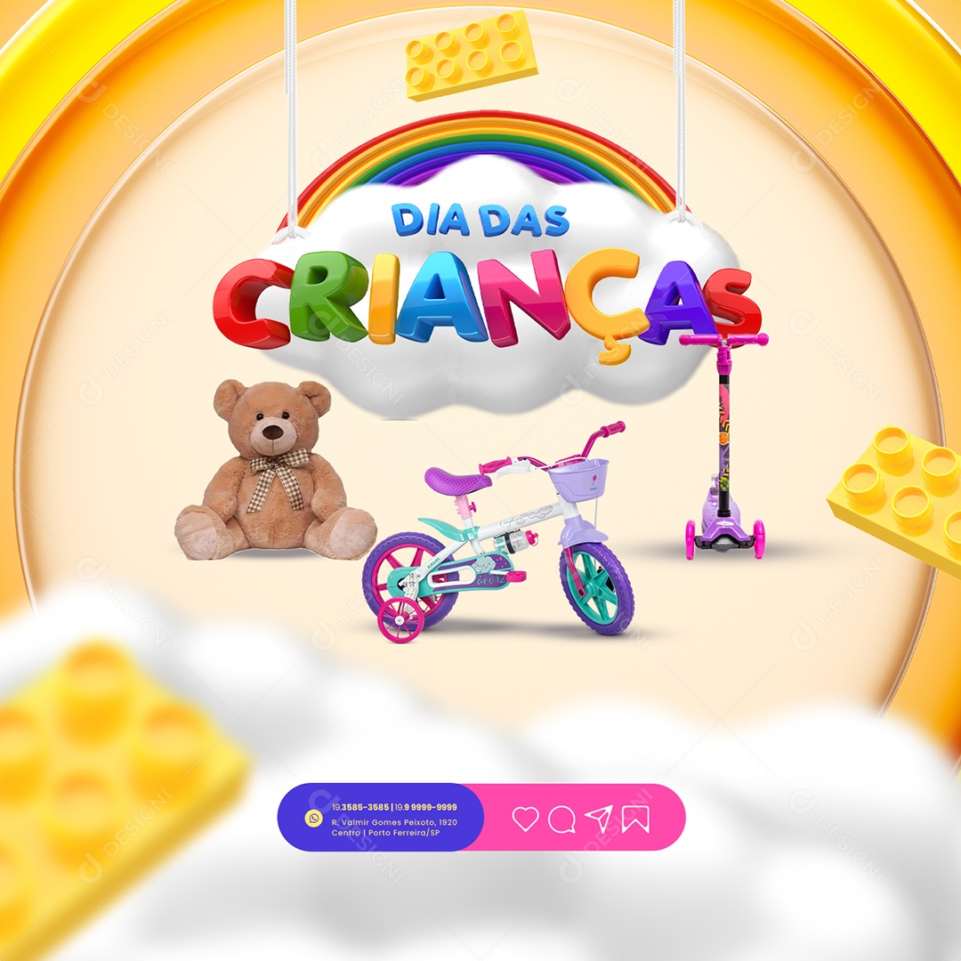 Campanha Publicitaria Dia das Crianças Loja de Brinquedos Ursinho de Pelúcia Bicicleta de Rodinha e Patinete Social Media PSD Editável