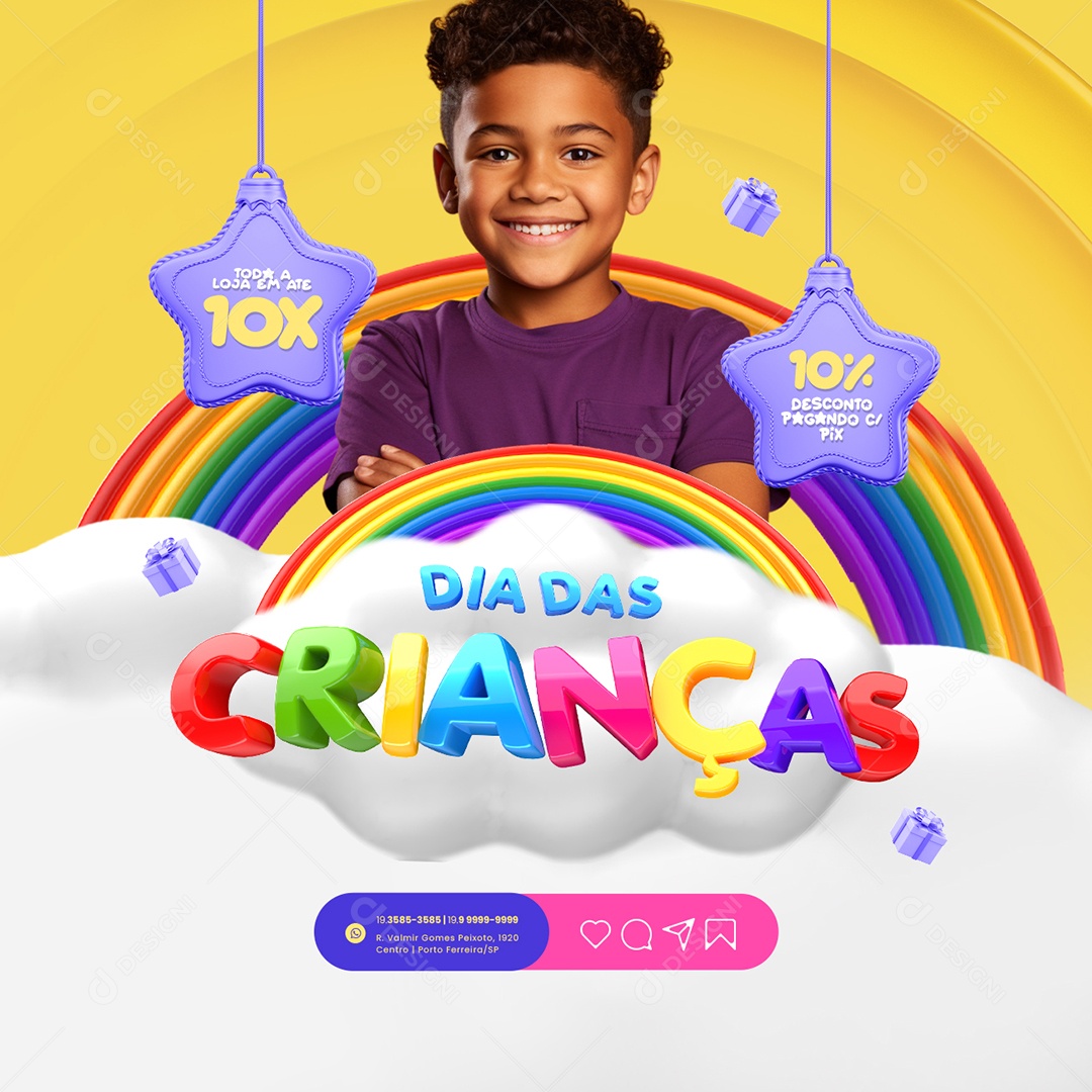 Campanha Publicitaria Dia das Crianças Loja de Brinquedos Ursinho de Pelúcia Bicicleta de Rodinha e Patinete 10% Desconto Pagando com Pix Social Media PSD Editável