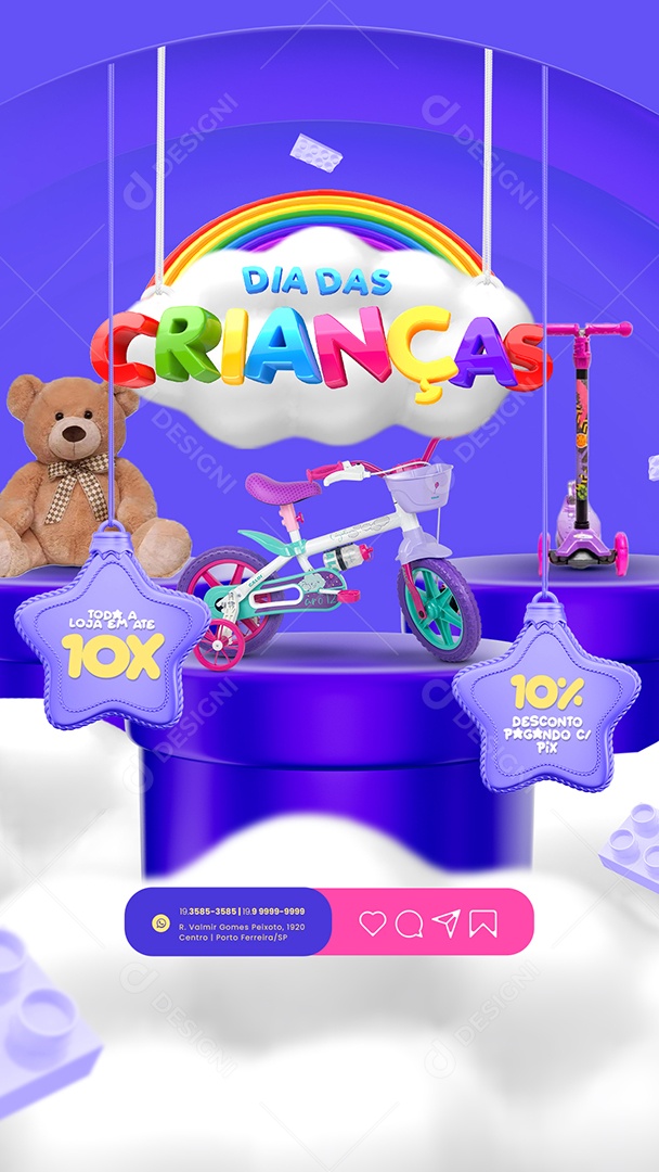 Story Campanha Publicitaria Dia das Crianças Ursinho de Pelúcia Bicicleta dde Rodinhas e Patinete Toda a Loja em Até 10x Social Media PSD Editável