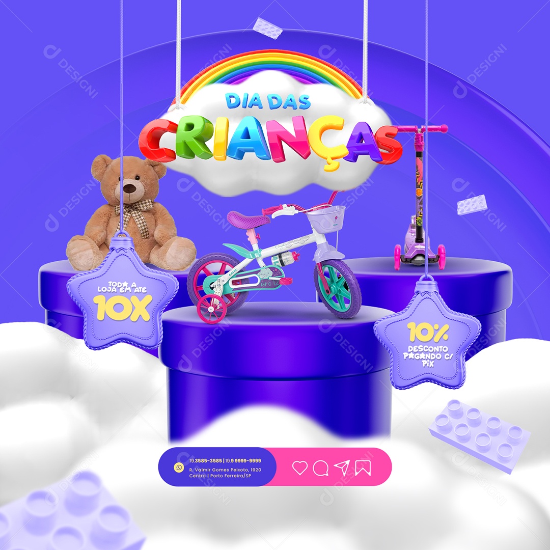 Campanha Publicitaria Dia das Crianças Ursinho de Pelúcia Bicicleta dde Rodinhas e Patinete Toda a Loja em Até 10x Social Media PSD Editável