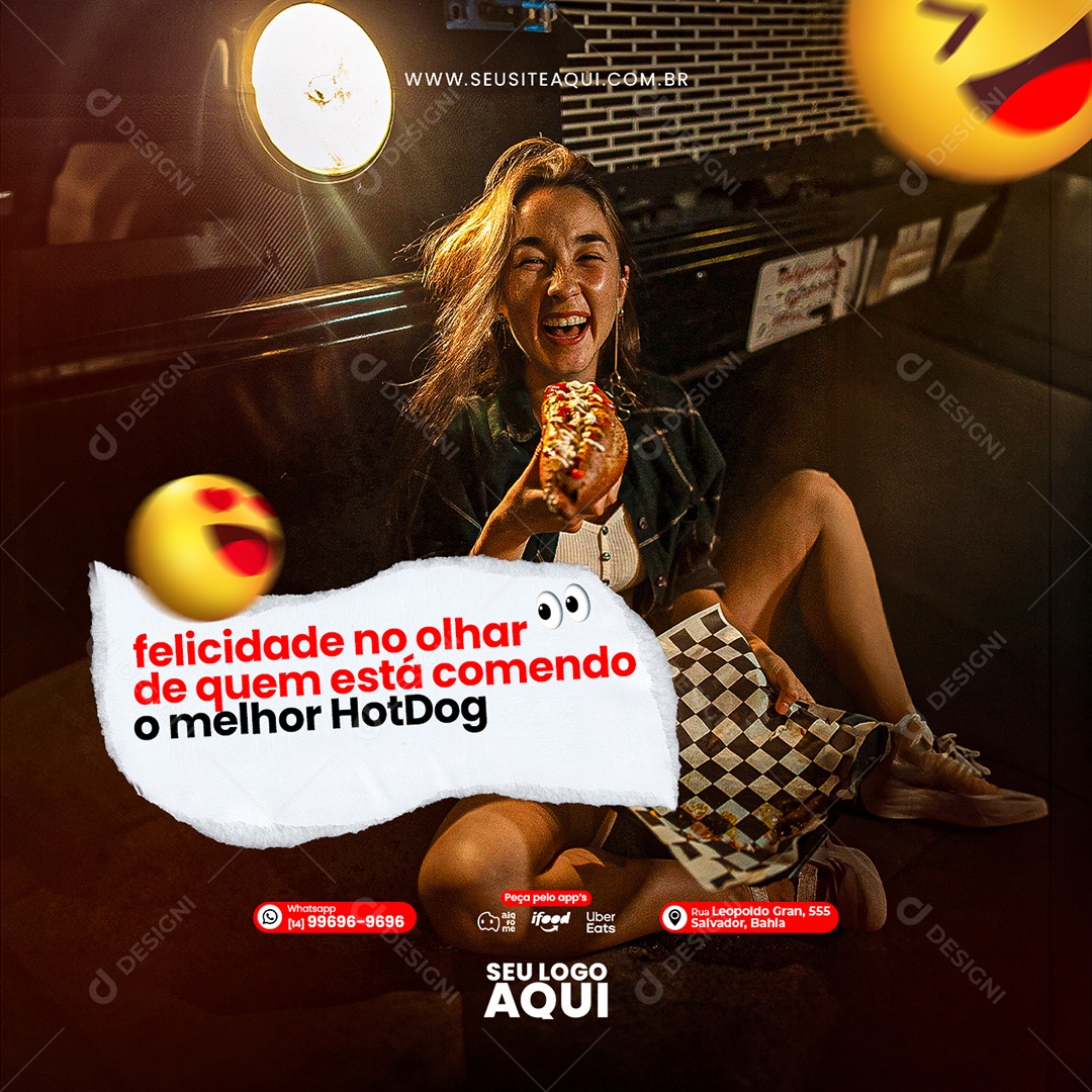 Cachorro Quente Felicidade no Olhar de Quem Está Comendo o Melhor Hot Dog Social Media PSD Editável