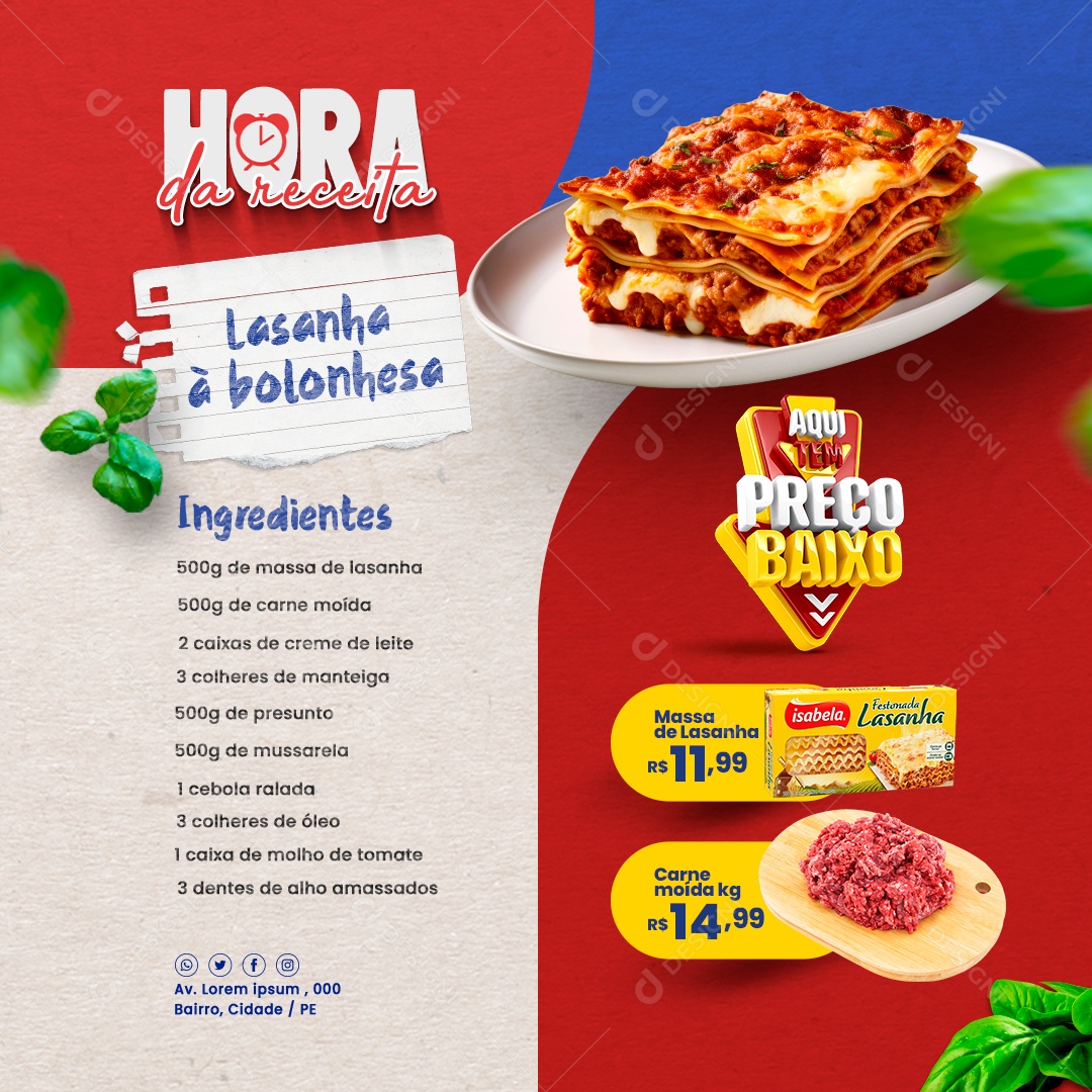Supermercado Hora da Receita Aqui Tem Preço Baixo Lasanha à Bolonhesa Ingredientes Social Media PSD Editável