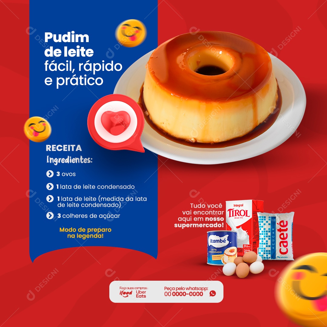 Supermercado Receita Pudim de Leite Fácil Rápido e Prático Social Media PSD Editável