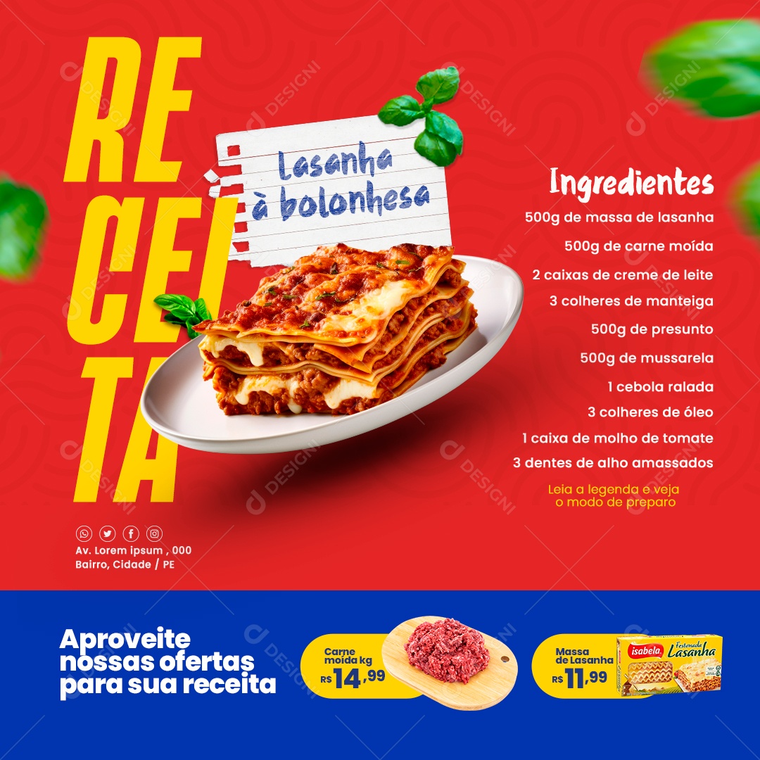 Supermercado Receita Lasanha à Bolonhesa Ingredientes Social Media PSD Editável