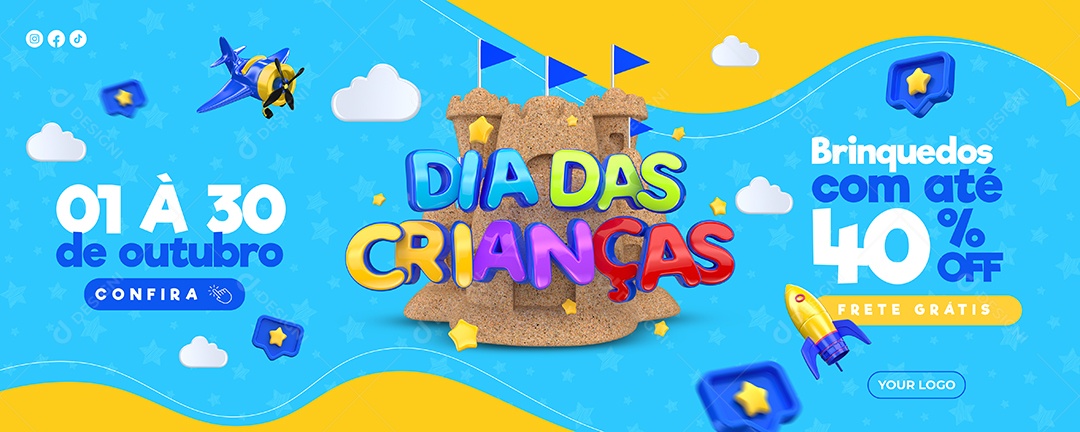 Banner Loja de Brinquedos Dia das Crianças Brinquedos com Até 40% Off Social Media PSD Editável