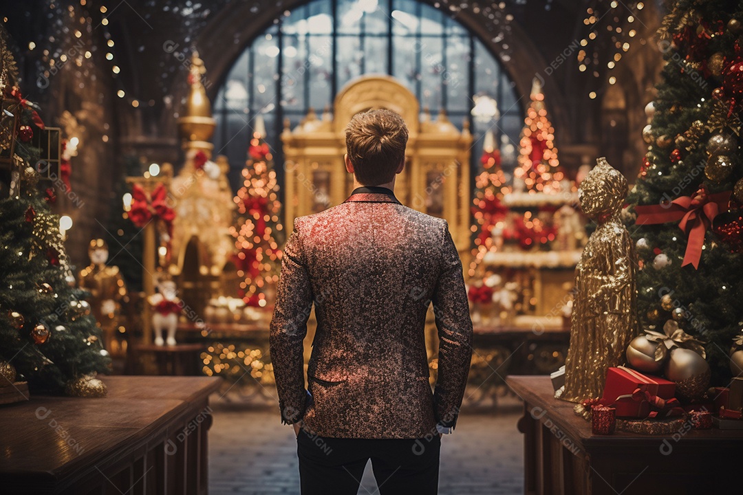Vista traseira do homem vestido durante a festa de Natal