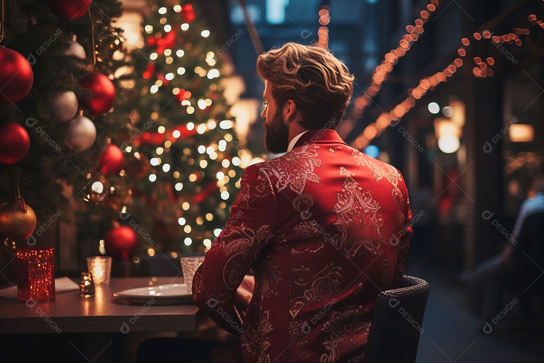 Vista traseira do homem vestido durante a festa de Natal