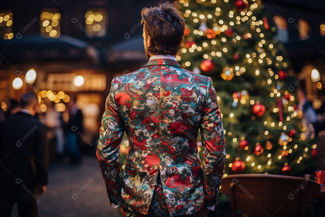 Vista traseira do homem vestido durante a festa de Natal