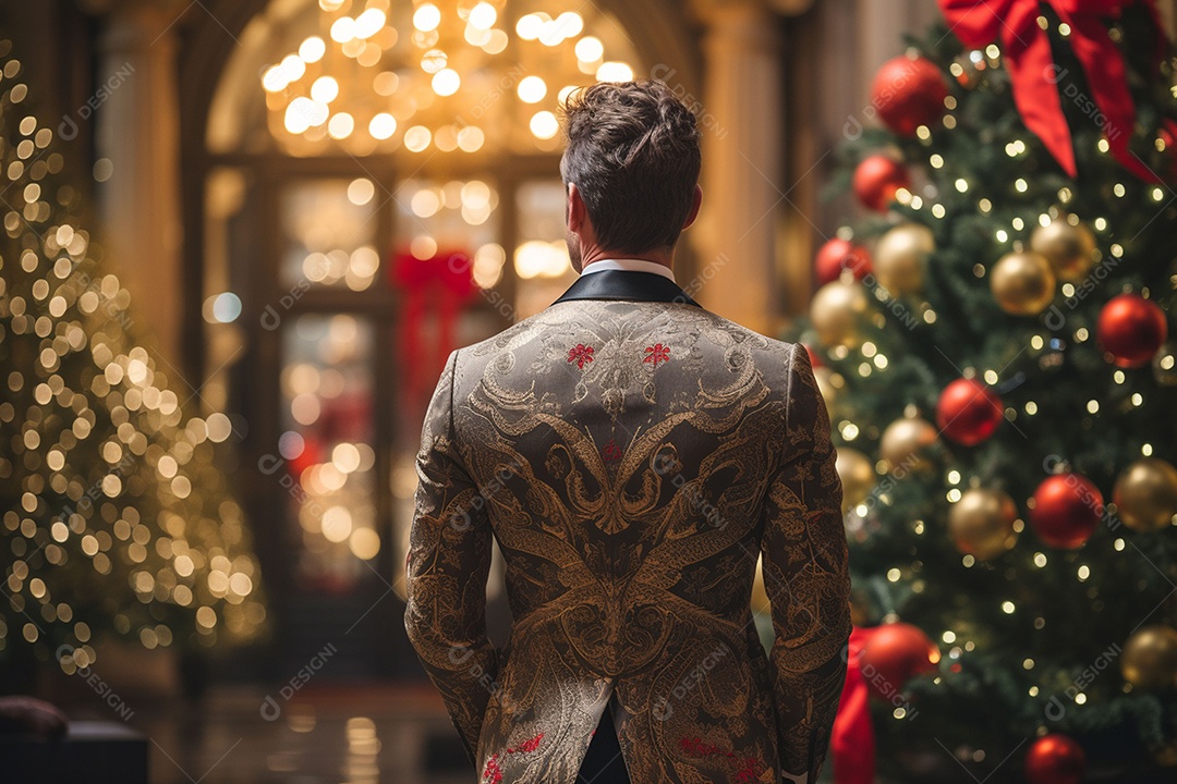 Vista traseira do homem vestido durante a festa de Natal