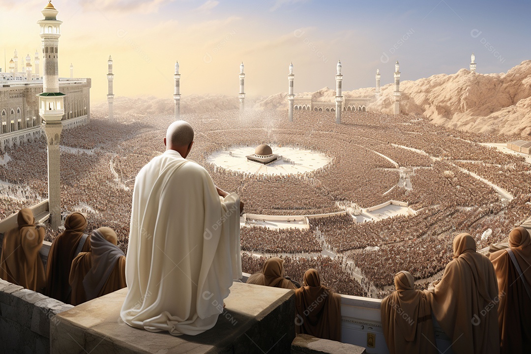 Homem em peregrino realizando haj ou umrah em frente à Kaaba