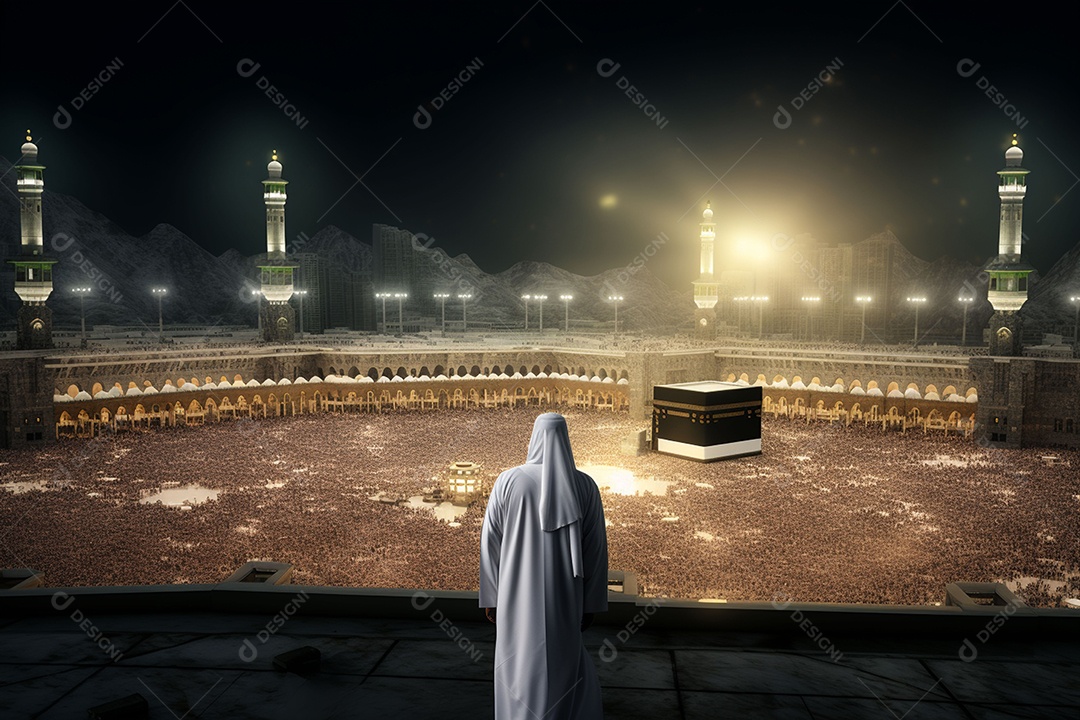 Homem em peregrino realizando haj ou umrah em frente à Kaaba