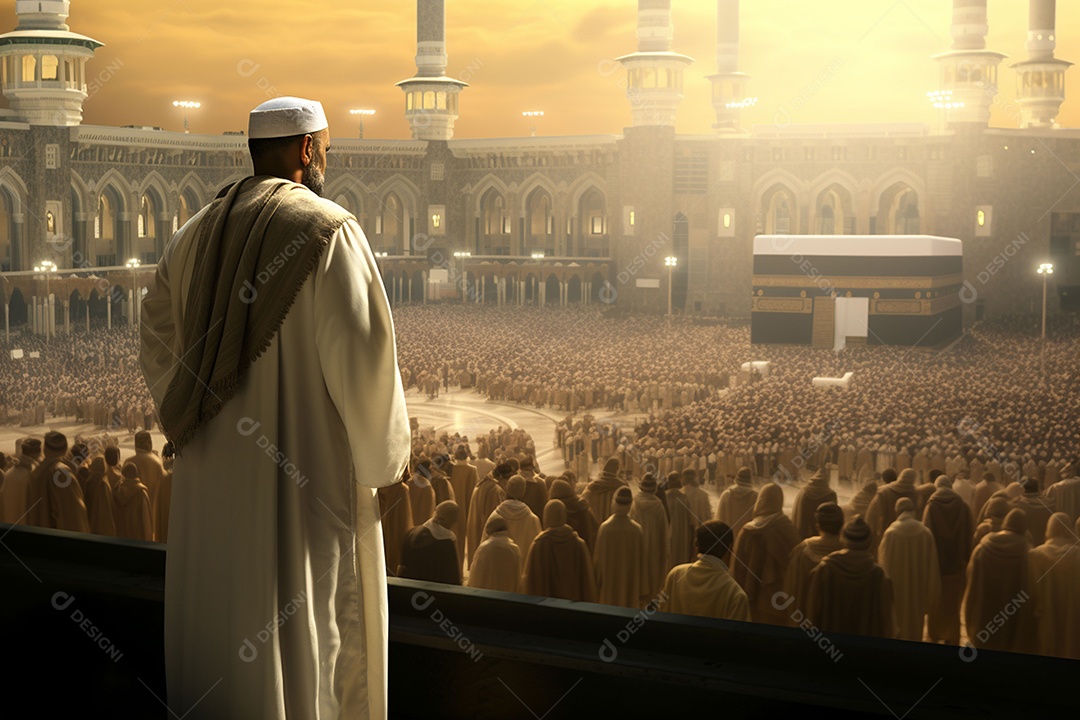 Homem em peregrino realizando haj ou umrah em frente à Kaaba