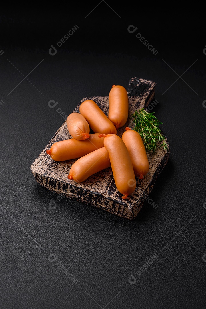 Deliciosas salsichas frescas cozidas com sal, especiarias e ervas sobre um fundo escuro de concreto