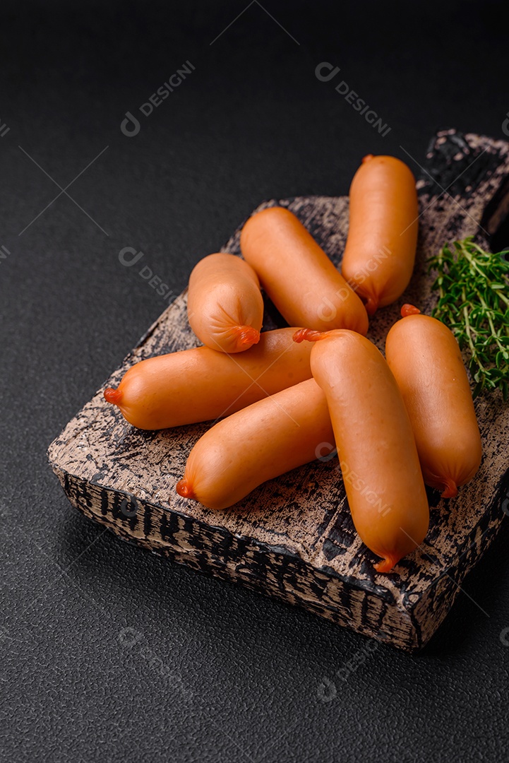 Deliciosas salsichas frescas cozidas com sal, especiarias e ervas sobre um fundo escuro de concreto