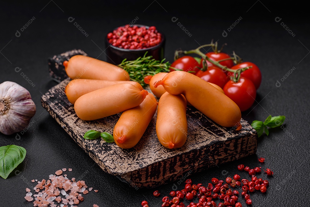 Deliciosas salsichas frescas cozidas com sal, especiarias e ervas sobre um fundo escuro de concreto