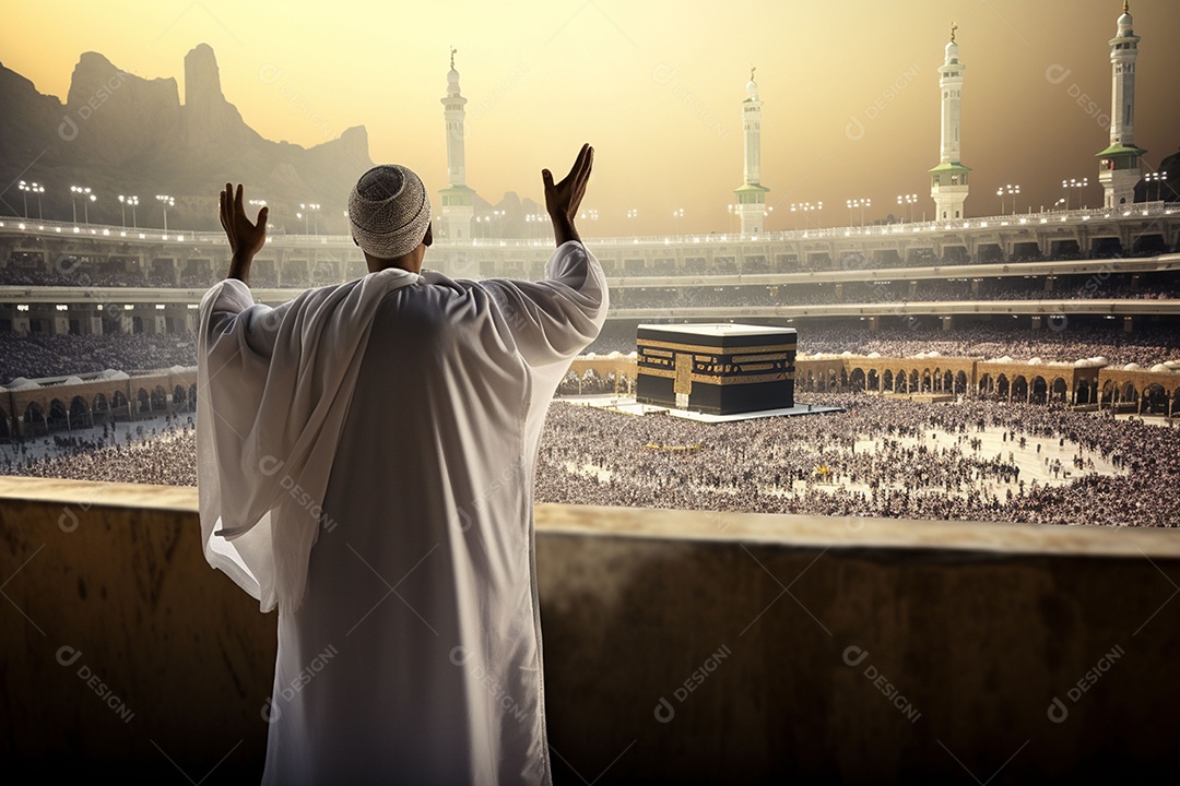 Homem em peregrino realizando haj ou umrah em frente à Kaaba