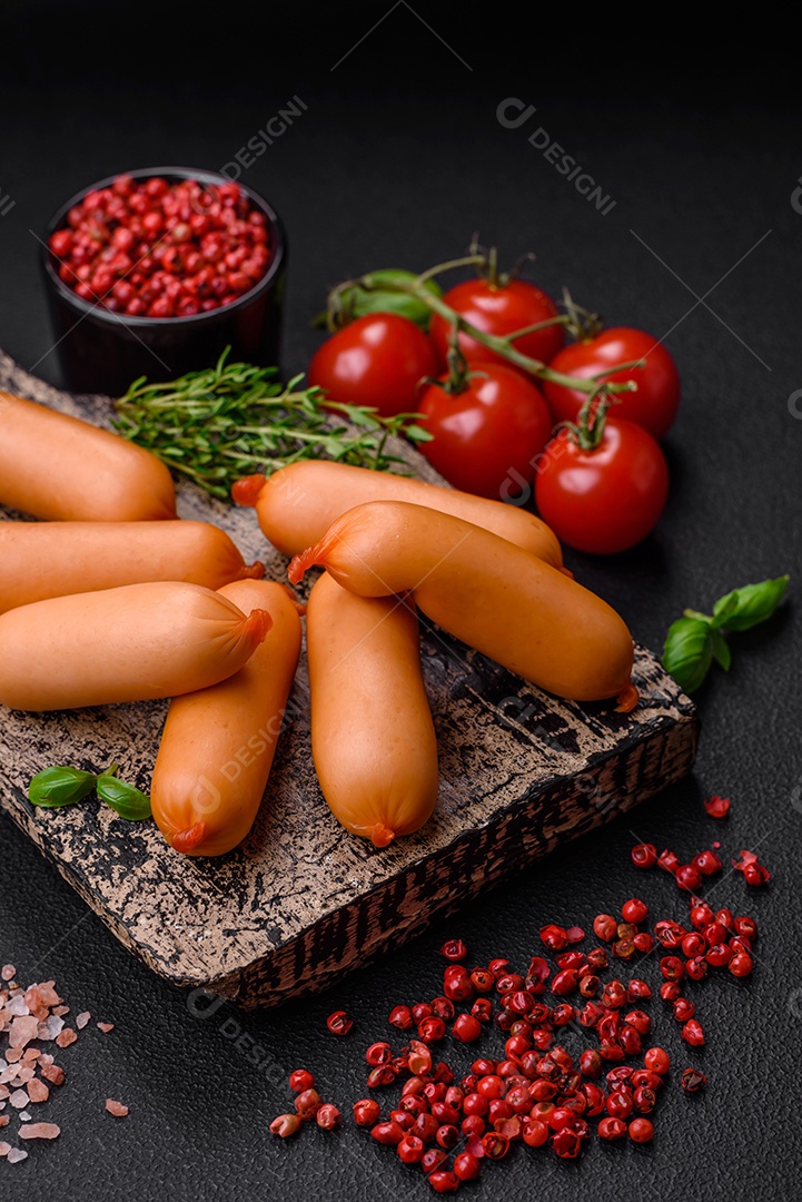 Deliciosas salsichas frescas cozidas com sal, especiarias e ervas sobre um fundo escuro de concreto