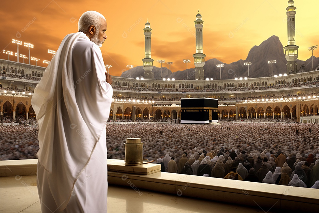Homem em peregrino realizando haj ou umrah em frente à Kaaba