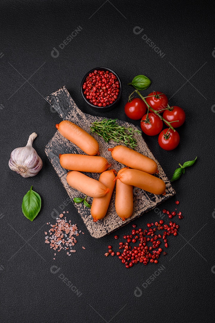 Deliciosas salsichas frescas cozidas com sal, especiarias e ervas sobre um fundo escuro de concreto