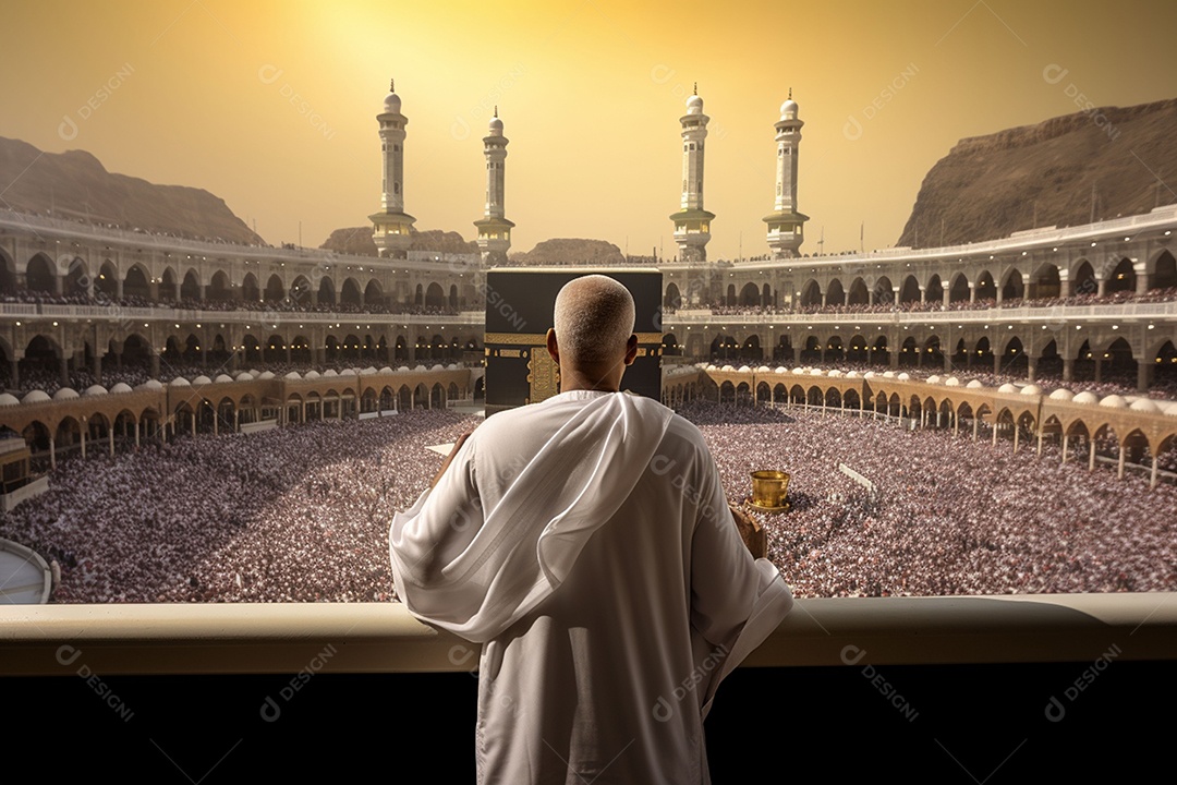 Homem em peregrino realizando haj ou umrah em frente à Kaaba