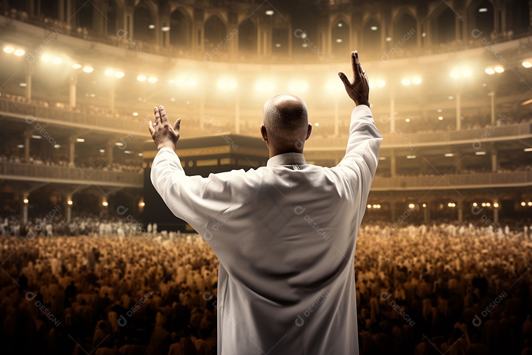 Homem em peregrino realizando haj ou umrah em frente à Kaaba