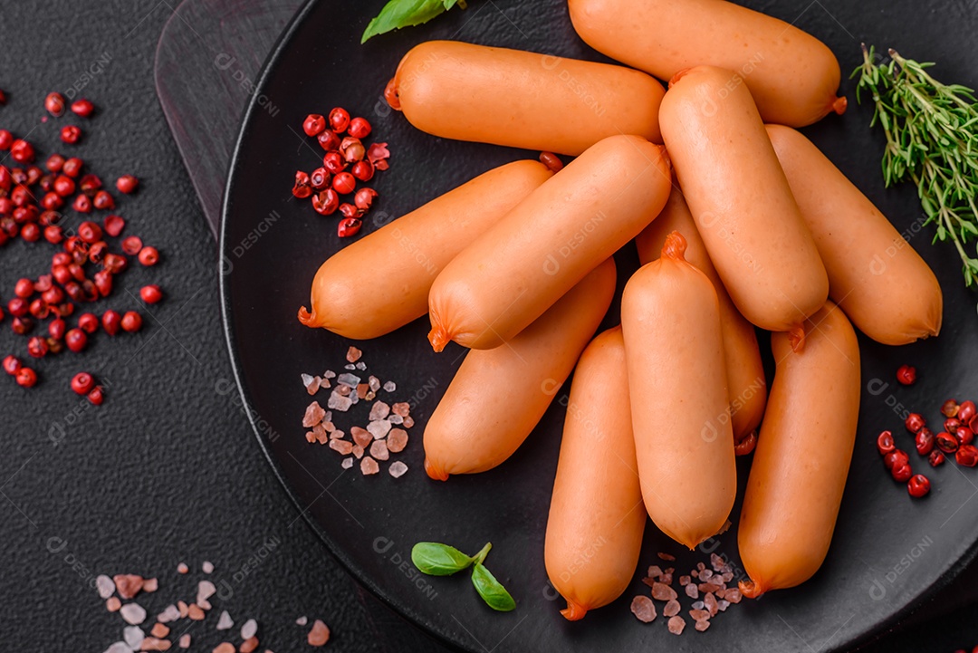 Deliciosas salsichas frescas cozidas com sal, especiarias e ervas sobre um fundo escuro de concreto